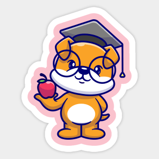 Cute Dog Holding Apple With Graduation Hat Cartoon Sticker